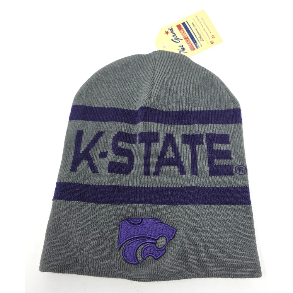 The Game Knit Beanie Hat Mens OS Gray Purple Striped Kansas State Wildcats NWT